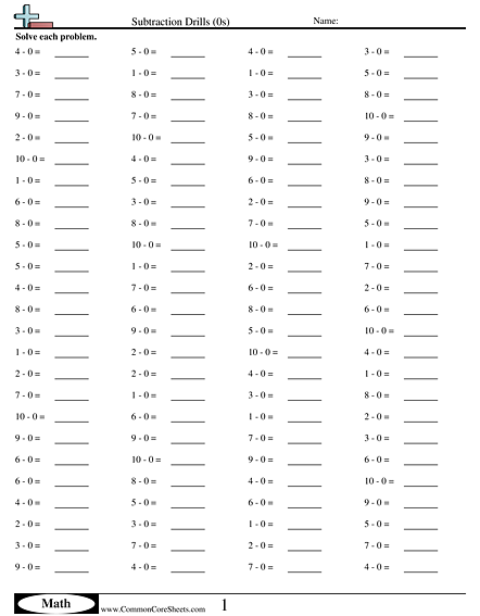 Math Drills Worksheets - 0s (horizontal) worksheet
